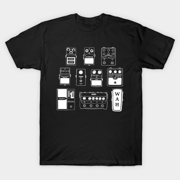 Guitar Pedals White Print Illustration Gifts For Musicians Music Gear Shirts For Guitarists T-Shirt by blueversion